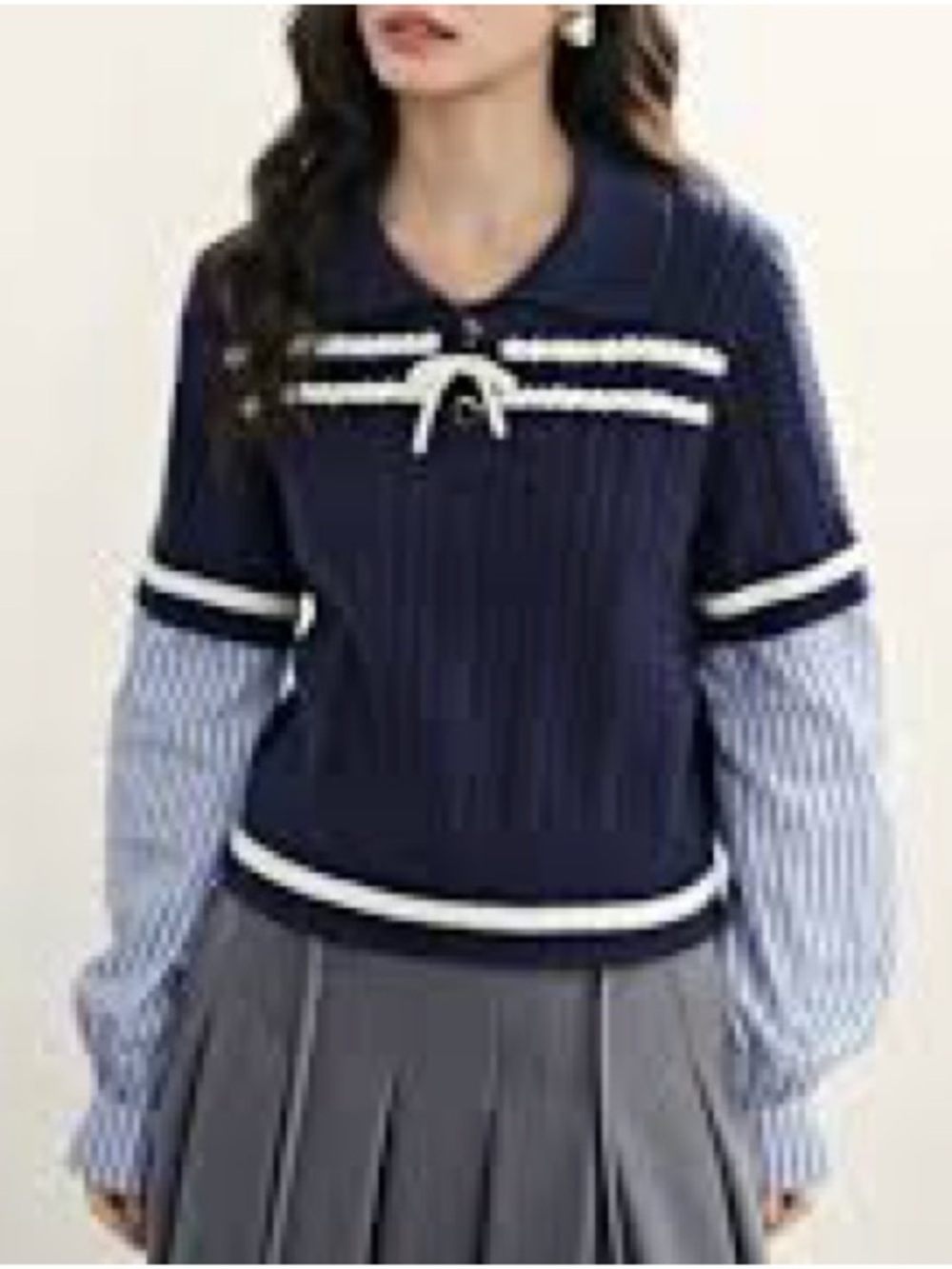 Navy Crewneck Sweater with White Trim and Bow Detail